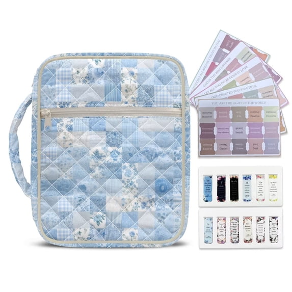 Xixirimido Bible Cover, Bible Carrying Book Case for Women Men, Multi-pocket Protective Church Organizer Bag with Handle & Bookmarks Christian Gift, Roses Floral Patchwork Blue