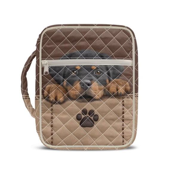 Xixirimido Bible Cover, Bible Carrying Book Case for Women Men, Multi-pocket Protective Church Organizer Bag with Handle Christian Gift, Brown Rottweiler Dog Paw