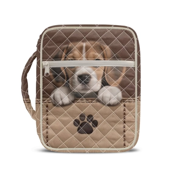 Xixirimido Bible Cover, Bible Carrying Book Case for Women, Multi-pockets Protective Church Organizer Bag with Handle Christian Gift, Brown Beagle Dog Paw