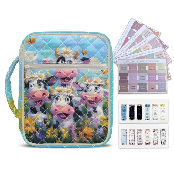 Xixirimido Bible Cover Case Large Bible Cover with Handle Quilted Bible Carrying Case Bag with Bookmarks Bible Study Supplies Accessories, Cute Cows Family Vibrant Floral