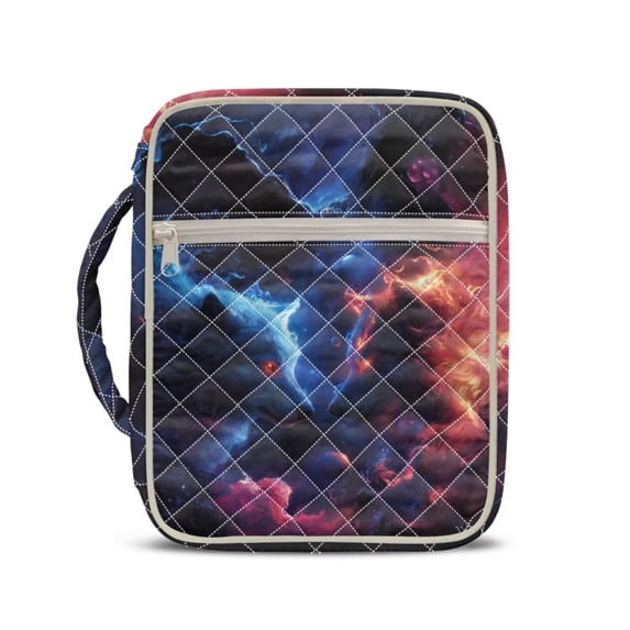 Xixirimido Bible Cover Case Large Quilted Bible Carrying Case with Handles, Bible Study Supplies & Accessories Christian Gifts for Church, Blue Red Wolf Galaxy