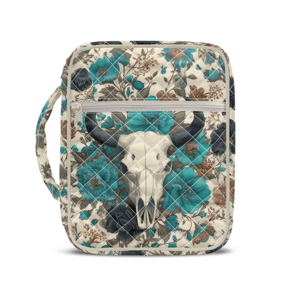 Xixirimido Bible Cover Case Large Quilted Bible Carrying Case with Handles, Bible Study Supplies & Accessories Christian Gifts for Church, Boho Floral Elk Skull