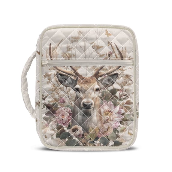 Xixirimido Bible Cover Case Large Quilted Bible Carrying Case with Handles, Bible Study Supplies & Accessories Christian Gifts for Church, Deer Vintage Peony Floral