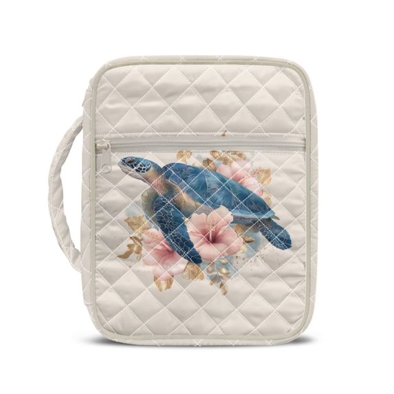 Xixirimido Bible Cover Case Large Quilted Bible Carrying Case with Handles, Bible Study Supplies & Accessories Christian Gifts for Church Sea Turtle Hibiscus Flower Pattern