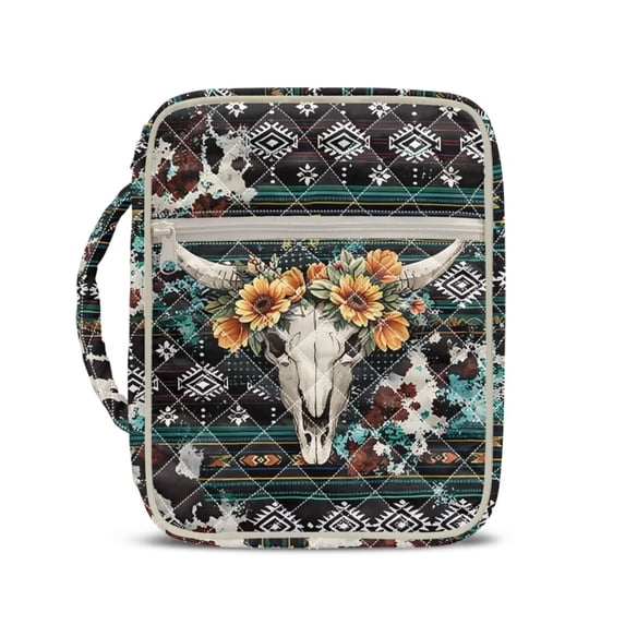 Xixirimido Bible Cover Case for Women Men Large Bible Cover with Handle Quilted Bible Carrying Case Bag Bible Study Supplies Accessories, Aztec Tribe Elk Skull Floral
