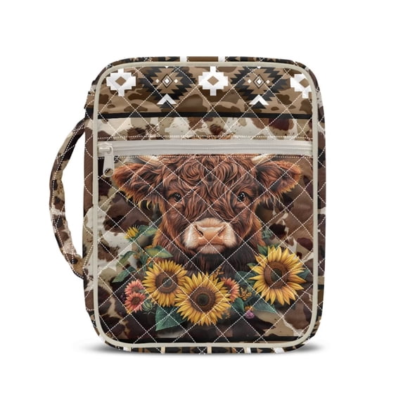 Xixirimido Bible Cover Case for Women Men Large Bible Cover with Handle Quilted Bible Carrying Case Bag Bible Study Supplies Accessories, Highland Cattle Sunflower Aztec Tribal Print