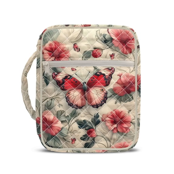 Xixirimido Bible Cover Case for Women Men Large Bible Cover with Handle Quilted Bible Carrying Case Bag Bible Study Supplies Accessories, Red Butterfly Poppy Flower
