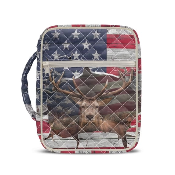 Xixirimido Bible Cover Case for Women, Quilted Bible Cover Bag with Handle, Bible Carrying Case Study Supplies Accessories for Men, Broken American Flag Deer Pattern