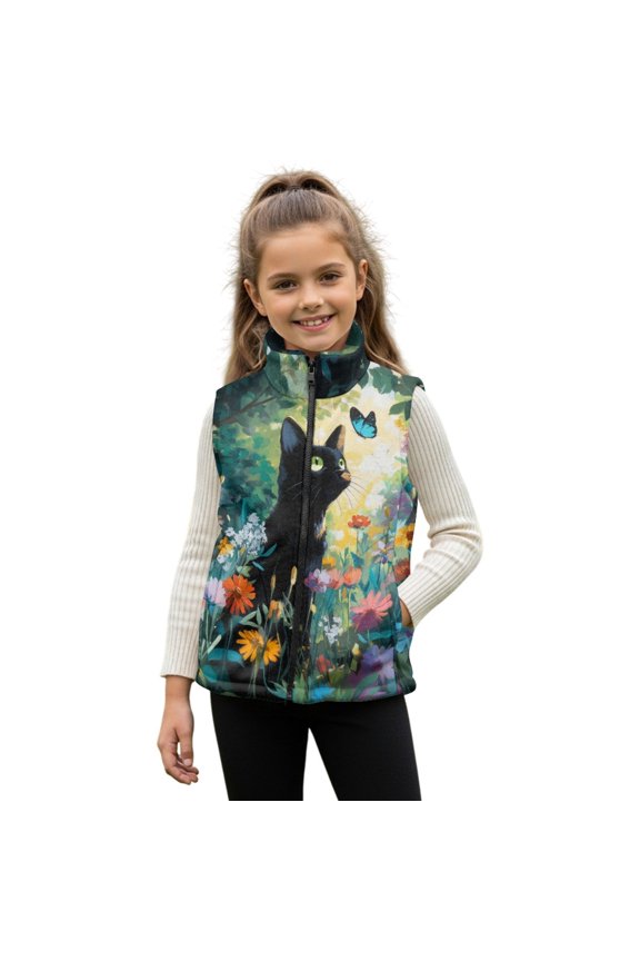 Black Cat Butterfly Flower Pattern Boys Girls Full Zip Fleece Vest Sleeveless Stand Collar Outwear Warm Jacket with Pockets for 3T