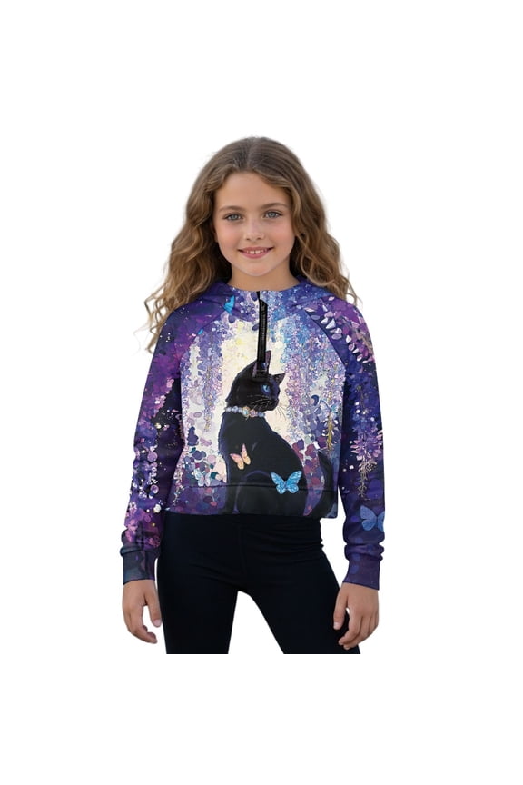 Black Cat Butterfly Wisteria Pattern Kids Half Zip Hoodies for Girls 3D Graphic Hooded Sweatshirt Zipper Long Sleeve Pullover Top with Pockets Size 9-10