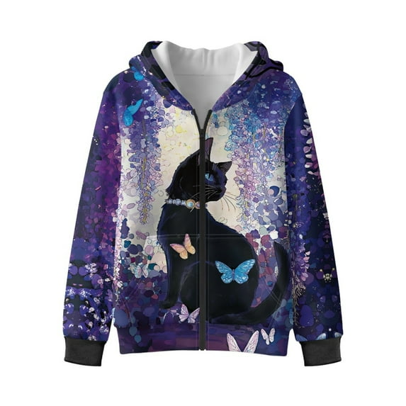 Xixirimido Black Cat Butterfly Wisteria Pattern Kids Hoodies for Boys Girls Zip Up Hoodie Sweatshirt 3D Graphic Long Sleeve Pullover Top with Pocket for Fall Winter Velvet Lining for 9-11 Years