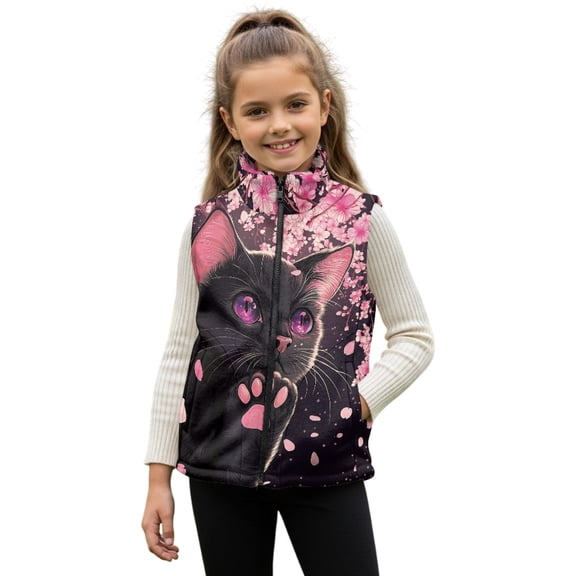 Xixirimido Black Cat Cherry Blossom Pattern Girls Zippered Vest Warm Soft Fleece Vest for Kids Sleeveless Stand Collar Jacket with Pockets Fall Winter Outerwear for 7-8