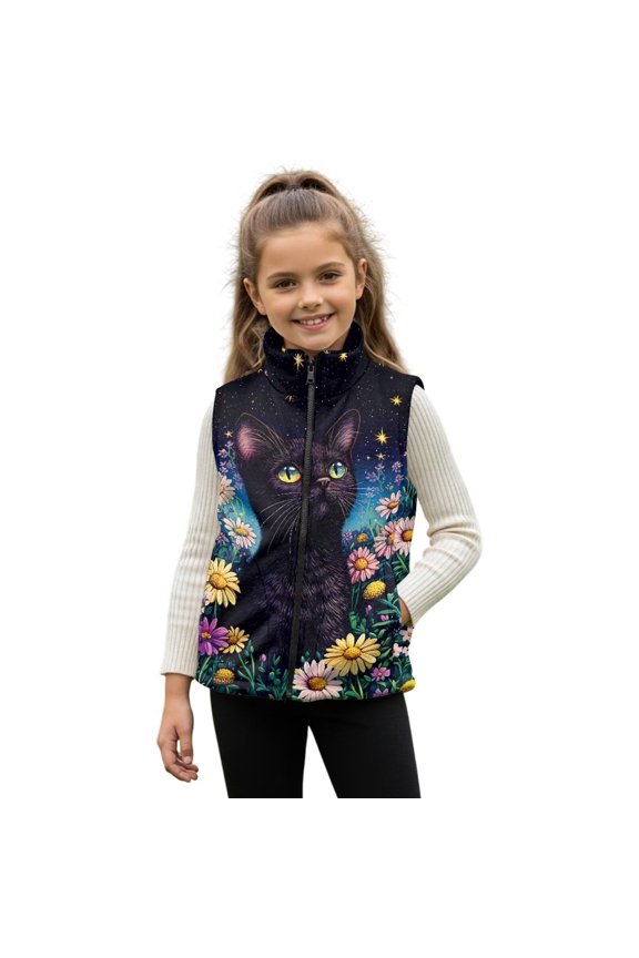 Black Cat and Daisy Flower Pattern Boys Girls Fleece Vest Sleeveless Stand-up Collar Jacket with Pockets Full-Zip Fall Winter Warm Outerwear for 7-8