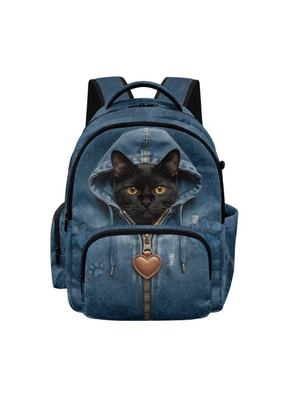 Black Cat Denim Print Backpack for Boys Girls Elementary Middle School Bookbag Kids Lightweight Back Pack Multi Pocket School Bags Large Capacity
