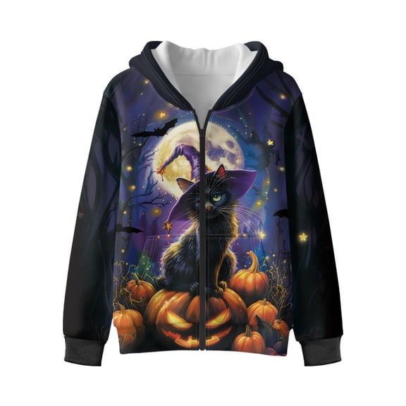 Xixirimido Black Cat Jack-O-Lantern Bats Moon Printed Kids Hoodies for Boys Girls Zip Up Hoodie Sweatshirt 3D Graphic Long Sleeve Pullover Top with Pocket for Fall Winter Velvet Lining, 12-14 Years