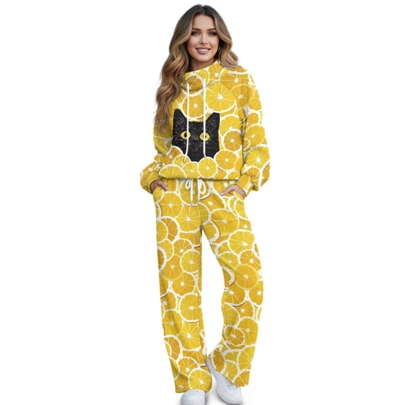 Xixirimido Black Cat Lemons Yellow Print Lounge Sets for Women Sweatsuits 2 Piece Fall Winter Fashion Outfits Long Sleeve Sweatshirt Wide Leg Sweatpants Set Tracksuit, Large