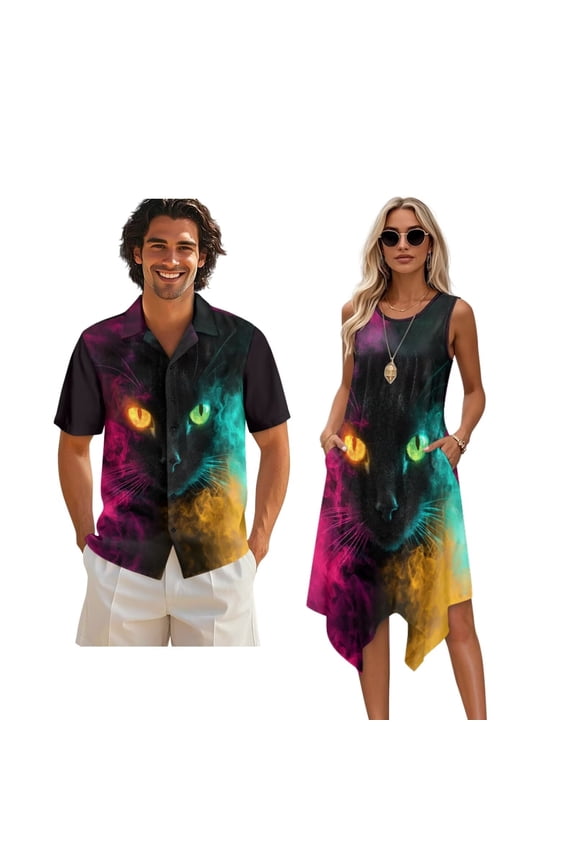 Black Cat Print Hawaii Couple Matching Outfit Men's Hawaiian Shirt and Women's Summer Sleeveless Dress Soft Midi Beach Dresses Matchable Couple Outfits, 5XL