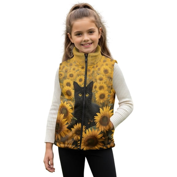 Xixirimido Black Cat Sunflower Pattern Girls Boys Fleece Vest Kids Zip-up Vest Sleeveless Stand Collar Jacket with Pockets Fall Winter Outerwear for 9-10