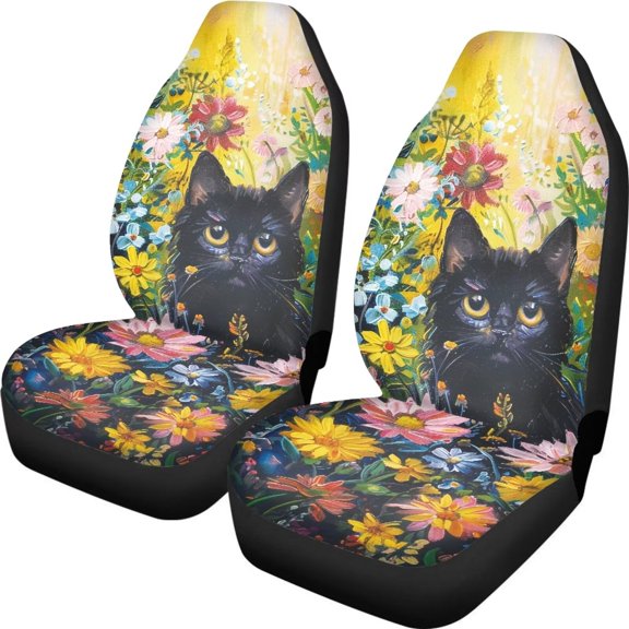 Xixirimido Black Cat Vibrant Flower Pattern Car Seat Cover with Elastic Straps, Durable and Comfortable Car Seat Protector Suitable for Small Cars, Trucks, and Vans