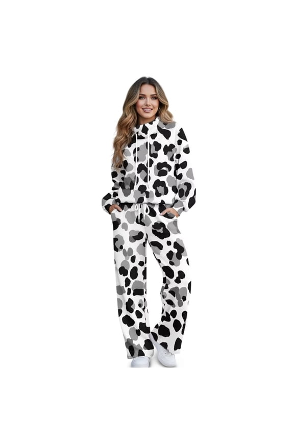 Black Gray Leopard Print Women 2 Piece Outfits Fall Fashion Airport Lounge Set Long Sleeve Sweatshirt Wide Leg Pants Travel Vacation Sweatsuits, X-Small
