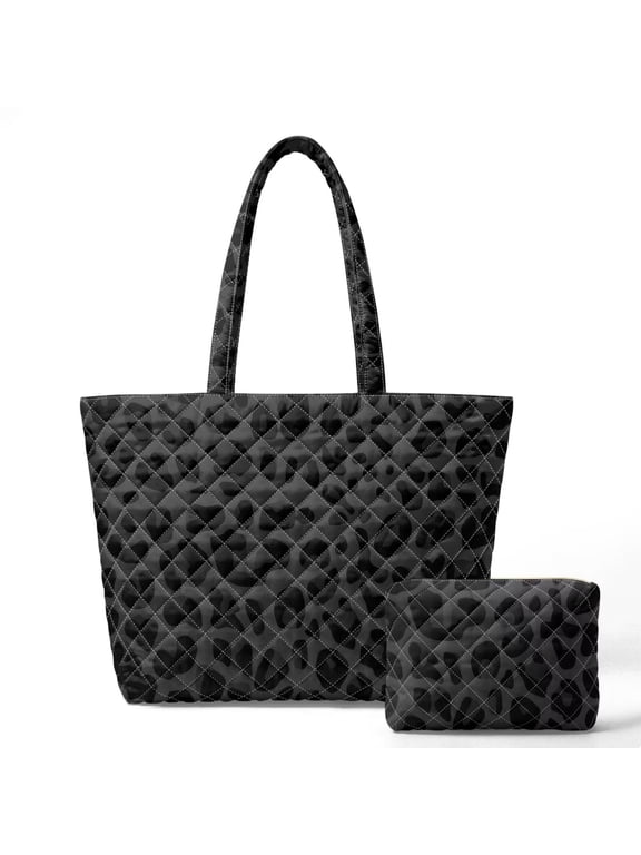 Black Leopard Cheetah 2Pcs Quilted Tote Bag Set for Women, Lightweight Puffer Shoulder Bag with Zippered Pouch for College Work Travel Casual