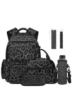 Black Leopard Cheetah Print 6 in 1 Kids Backpack Set with Insulated Lunch Bag Pencil Case Water Bottle Sleeve Keychain Bookmark, 17 Inch School Bookbag for Boys Girls Back to School