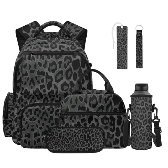 Xixirimido Black Leopard Cheetah Print 6 in 1 Kids Backpack Set with Insulated Lunch Bag Pencil Case Water Bottle Sleeve Keychain Bookmark, 17 Inch School Bookbag for Boys Girls Back to School
