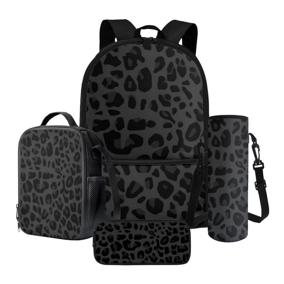 Xixirimido Black Leopard Pattern 17" Large Capacity Backpack+Thermal Lunch Bag+Water Bottle Carrier 4Pcs Sets Back to School Supplies for Boy Girl School Bag Set