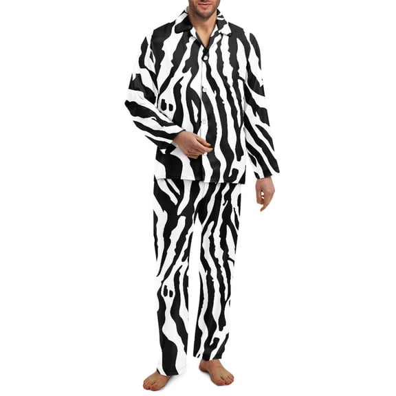 Xixirimido Black Zebra Stripe Print Mens Pajama Set Long Sleeve Sleepwear Classic Button Down Loungewear Soft Sleepwear Pj Set with Pockets, Large