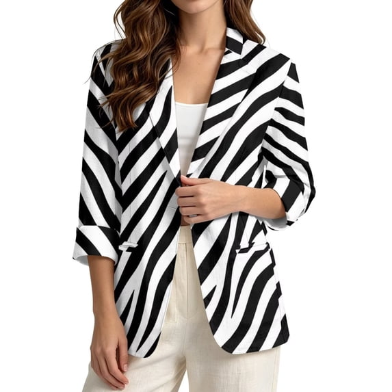 Xixirimido Black Zebra Stripe Women's Work Office Blazer with Pockets, S, 3/4 Sleeve Lapel Collar Suit Jacket, Lightweight Dressy Interview Attire, Open Front, Suit Blazer