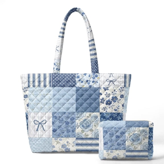 Xixirimido Blue Bow Floral Patchwork Quilted Tote Bag with Matching Cosmetic Pouch Set, Lightweight Shoulder Bag Work Travel Shopping Handbag for Women