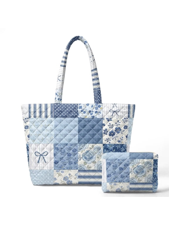 Blue Bow Floral Patchwork Quilted Tote Bag with Matching Cosmetic Pouch Set, Lightweight Shoulder Bag Work Travel Shopping Handbag for Women