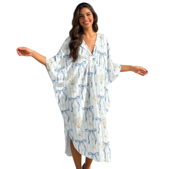 Xixirimido Blue Bows Floral Print Womens Kaftan Dresses Long Caftans Plus Size Batwing Sleeve Swimsuit Coverup V Neck Summer Beach Dress