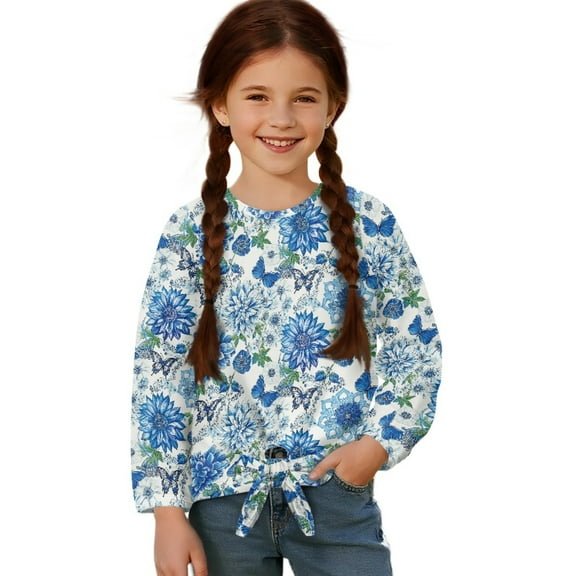 Xixirimido Blue Butterfly Boho Mandala Printed Girls Long Sleeve Shirt Kids Crewneck T-Shirts Trendy 3D Graphic Tie-hem Cute Tees for Fall Winter, Size 11-12