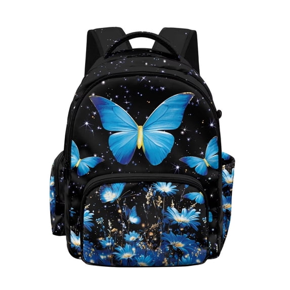Xixirimido Blue Butterfly Daisy Starry Night Print 17" Large Capacity Backpack for Kids Elementary Bookbag Middle High School Bag for Boys & Girls Multi Pockets Rucksack