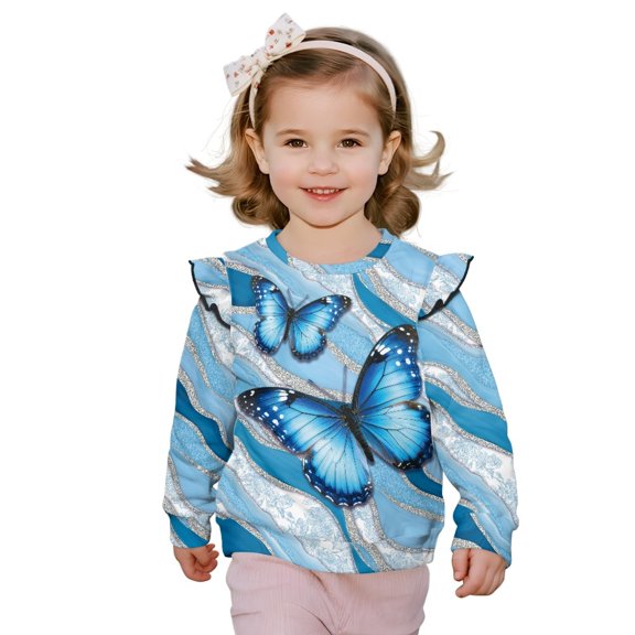 Xixirimido Blue Butterfly Marble Print Soft Toddler Girls Long Sleeve Sweatshirt Ruffle Shoulder Graphic Pullover Crewneck Top for Cool Weather, for 2-3T