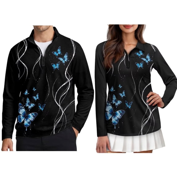Xixirimido Blue Butterfly Swirl Graphic Print Matching Golf Shirts for Couples, Funny Long Sleeve 1/4 Zipper Golf Shirt His and Hers Matching Outfits, Moisture-Wicking, S