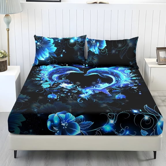 Xixirimido Blue Dolphin Floral Print Sheet Set Soft Fade Resistant 3 Piece Bed Sheet Set All Around Elastic Fitted Sheet & Pillowcases Home Bedroom Decor, King Size