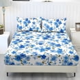 thumbnail image 1 of Xixirimido Blue Forget-me-nots Floral Print Fitted Sheet with Pillowcases 3 Piece Set Deep Pocket Fitted Sheet for Bedroom Ultra Soft Fitted Bottom Sheet, Fade Resistant, Queen Size, 1 of 5