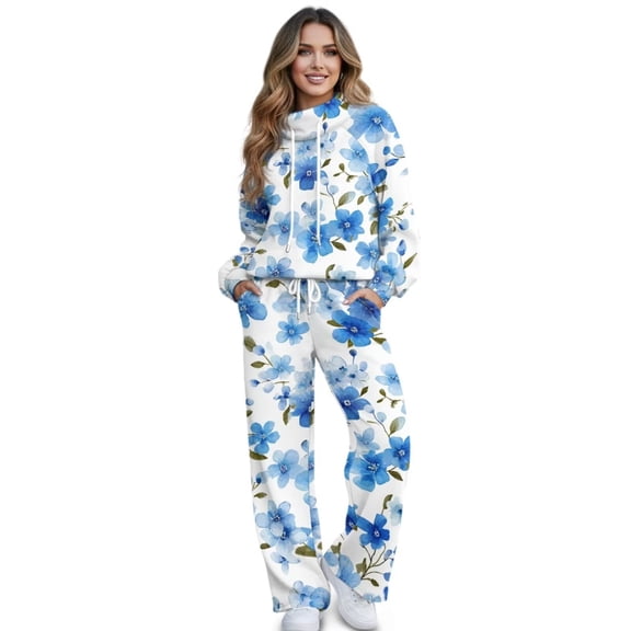 Xixirimido Blue Forget-me-nots Floral Print Women 2 Piece Outfits Plus Size Tracksuit Fall Fashion Airport Travel Lounge Set Long Sleeve Sweatshirts Wide Leg Pants Winter Sweatsuits, Small