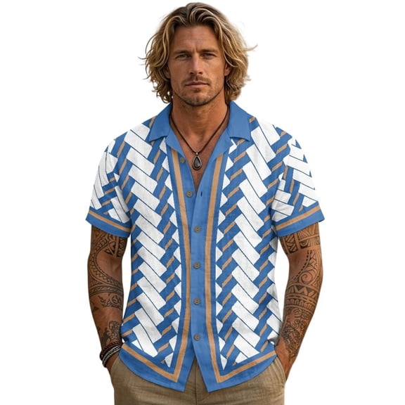 Xixirimido Blue Geometric Print Men's Short Sleeve Linen Button Down Shirt, Cuban Collar Casual Lightweight Beach Summer Tops, Medium