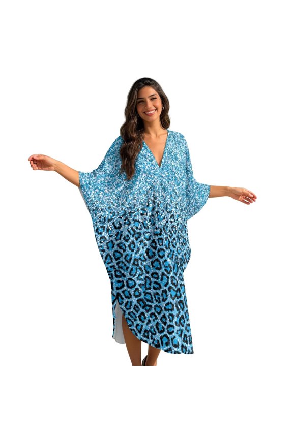 Blue Glittering Leopard Print Kaftan Dresses for Women Plus Size V-Neck Moo Moos Batwing Sleeve Caftan Beach Dress Bathing Suit Cover-Up Loungewear