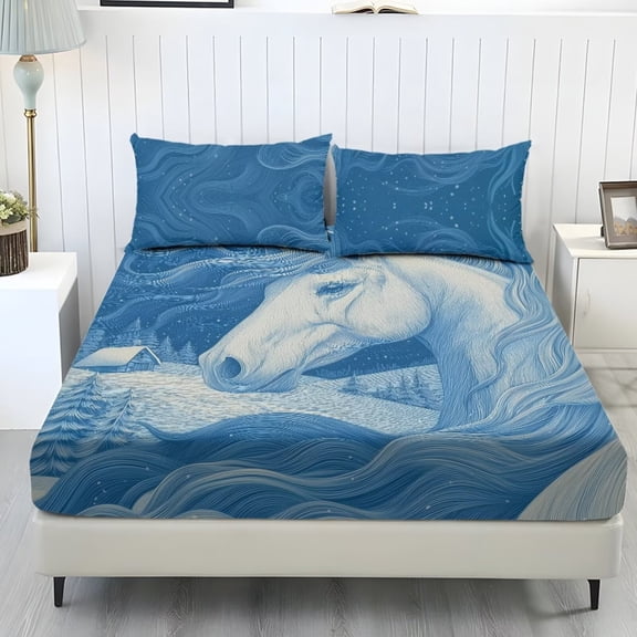 Xixirimido Blue Horse Print 3Pcs Fitted Sheet Set Soft Bed Sheet with 2 Pillowcases Wrinkle Resistant Bedding Set Breathable Mattress Sheets, Twin Size
