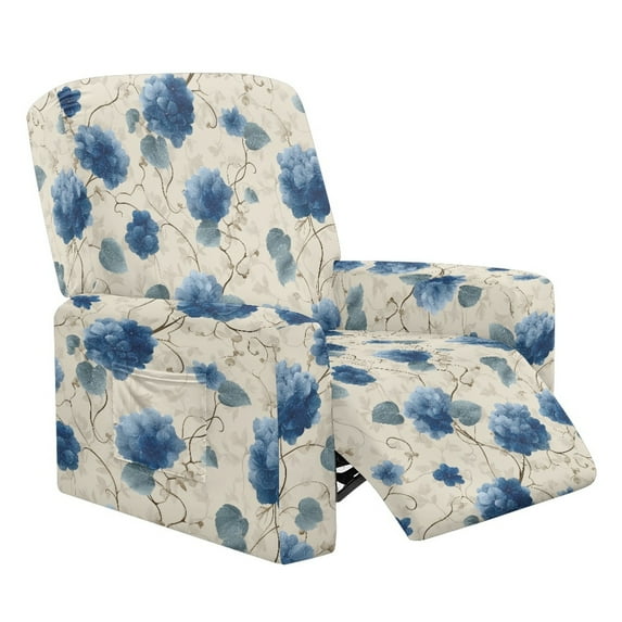 Xixirimido Blue Hydrangeas Pattern Recliner Chair Cover 4-Pieces Lazyboy Cover for Recliner Chair with Storage Pockets Furniture Protector for Living Room Printed Sofa Slipcover