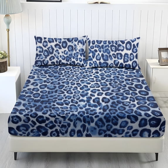 Xixirimido Blue Leopard Print Sheet Set Breathable Fitted Bottom Sheet Soft Wrinkle-Resistant Durable Bedding Set with Deep Pockets for Home Decor, King Size