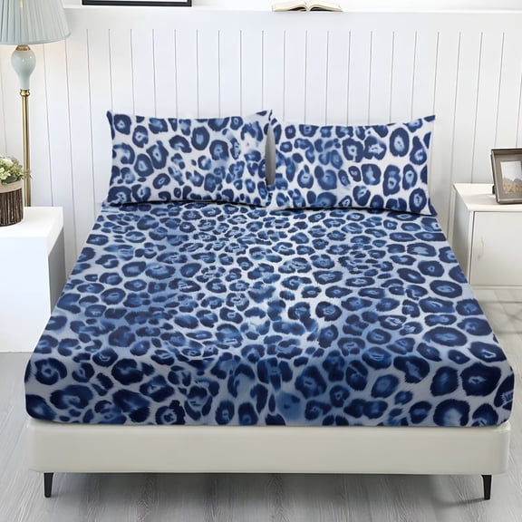 Xixirimido Blue Leopard Print Sheet Set Breathable Fitted Bottom Sheet Soft Wrinkle-Resistant Durable Bedding Set with Deep Pockets for Home Decor, Queen Size