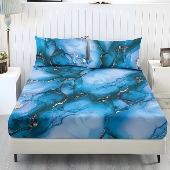 Xixirimido Blue Marble Print Bed Sheets Set 3 Piece Bedding Sheet Set, Comfy Non-Slip Bedsheet & Pillowcases Deep Pocket Fitted Sheet for Women Men, Twin Size