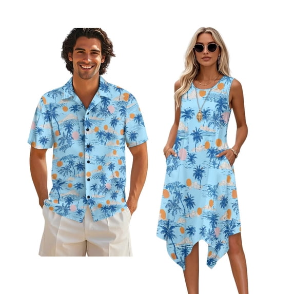 Xixirimido Blue Palm Tree Sunset Print Matching Couple Outfits His and Hers Set Men's Button Down Shirt & Women's Sleeveless Midi Dress Summer Casual Beach Vacation Clothes, L