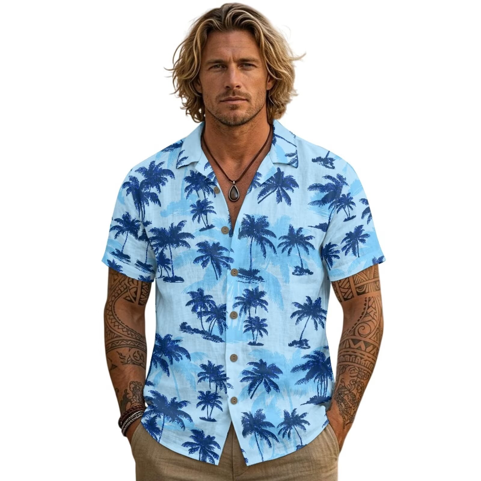Xixirimido Cherry Blossom Sea Wave Sunset Print Men's Linen Short