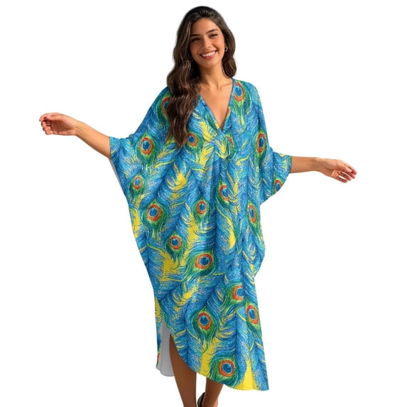 Xixirimido Blue Peacock Feather Print Women Kaftan Dresses Plus Size Swimsuit Coverup Batwing Sleeve Summer Bathing Suit Caftan Loungewear Beach Cover Up